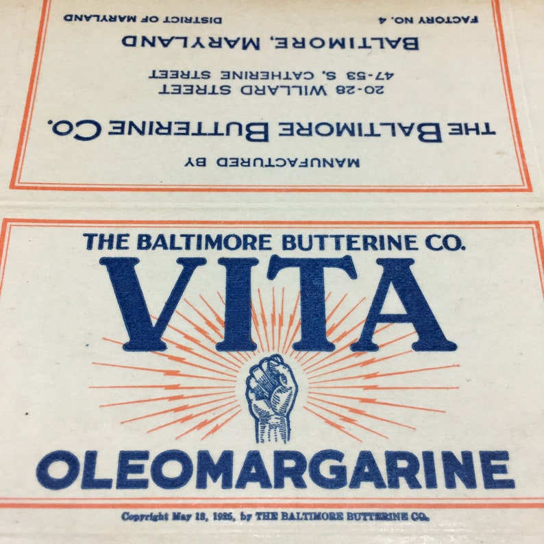 1930s Vintage Oleo Margarine Butter Box Art Deco Graphic Hand Lightning Antique Advertising Orange Blue Flat Advertising Kitchen Prop Old image 1