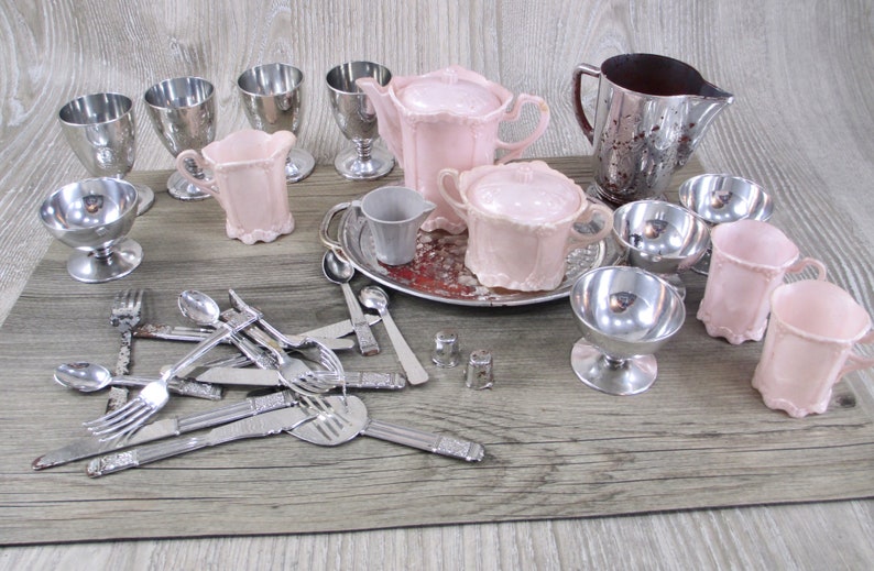 SALE Vintage Plastic Doll Dishes Lot Silver Pink Cream House Retro Dolls Dishes Fancy 1950s 1960s Child Toy Play Toys Spoon Tea Coffee Set