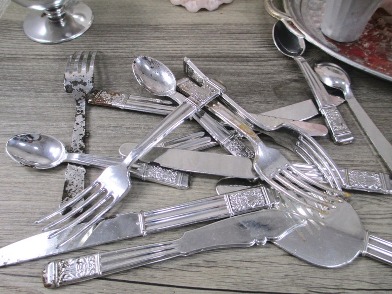 SALE Vintage Plastic Doll Dishes Lot Silver Pink Cream House Retro Dolls Dishes Fancy 1950s 1960s Child Toy Play Toys Spoon Tea Coffee Set