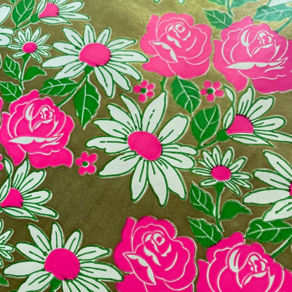 12 Feet Vintage Ugly Pretty Mod Flower Wrapping Paper Gift Wrap Rose Roses Floral Hot Pink Day Glo Daisies Gold Green for Special Presents