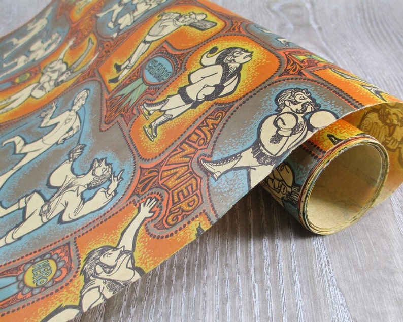 12 Feet 1970s Masculine Sports Bearded Men Vintage Wrapping Paper Man Men's Gift Wrap Retro Mod Cartoon Kitsch Beard Manly Sport Male Humor image 3