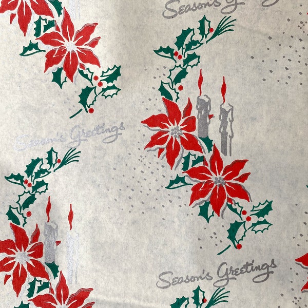 8 Yards 1950s Christmas Wrapping Paper AS IS Retro Seasons Greetings Candles Poinsettia Candle Midcentury Gift Wrap Red Green Imperfect READ