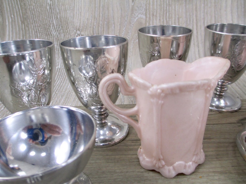 SALE Vintage Plastic Doll Dishes Lot Silver Pink Cream House Retro Dolls Dishes Fancy 1950s 1960s Child Toy Play Toys Spoon Tea Coffee Set
