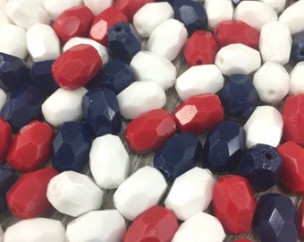 100 Vintage Beads Plastic Patriotic Beads Faceted Oval Bead Red White Blue Retro Kitsch Americana 1970s 3/8" Americana Flag Colors Craft