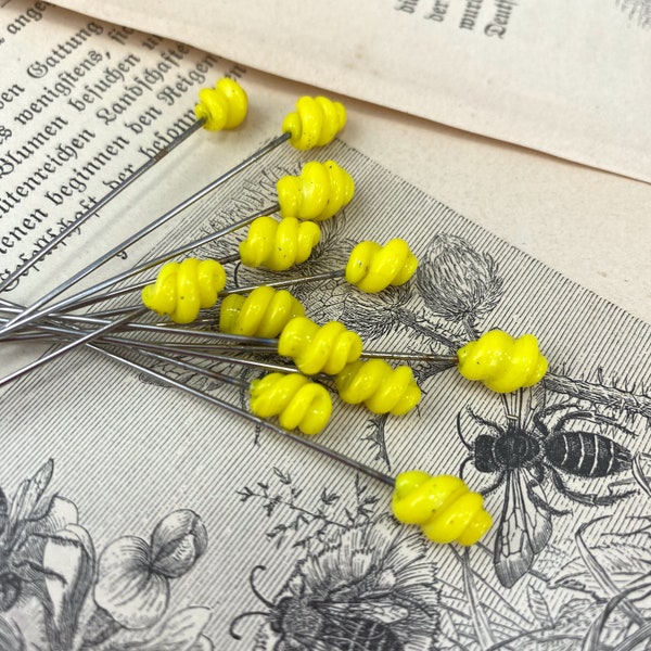 12 Vintage Yellow Glass Small Head Pins Lot Floral Millinery Lampwork Swirled Hat Jewelry Findings 1960s Steel Lamp Work Murano Style Old