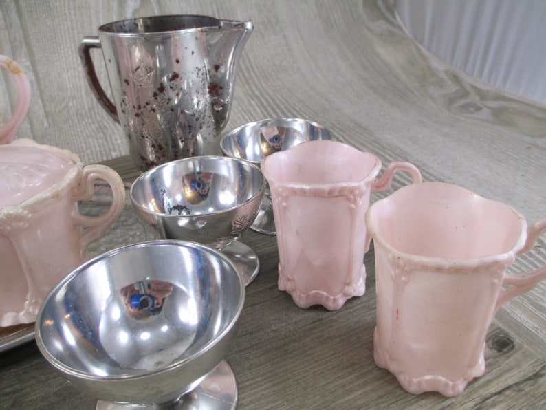SALE Vintage Plastic Doll Dishes Lot Silver Pink Cream House Retro Dolls Dishes Fancy 1950s 1960s Child Toy Play Toys Spoon Tea Coffee Set