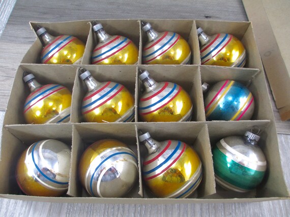 SALE Vintage Premier Christmas Ornaments Tree Ornament Lot Round Stripe Striped 1950s 50s Box Atomic Retro 12 Midcentury Shiny Brite Xmas