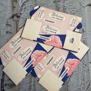 3  Vintage 1950s Strawberry Ice Cream Pint Boxes Carton Retro Pink Blue Diner Restaurant Kitchen Prop Delicious Advertising Lot Set Unused