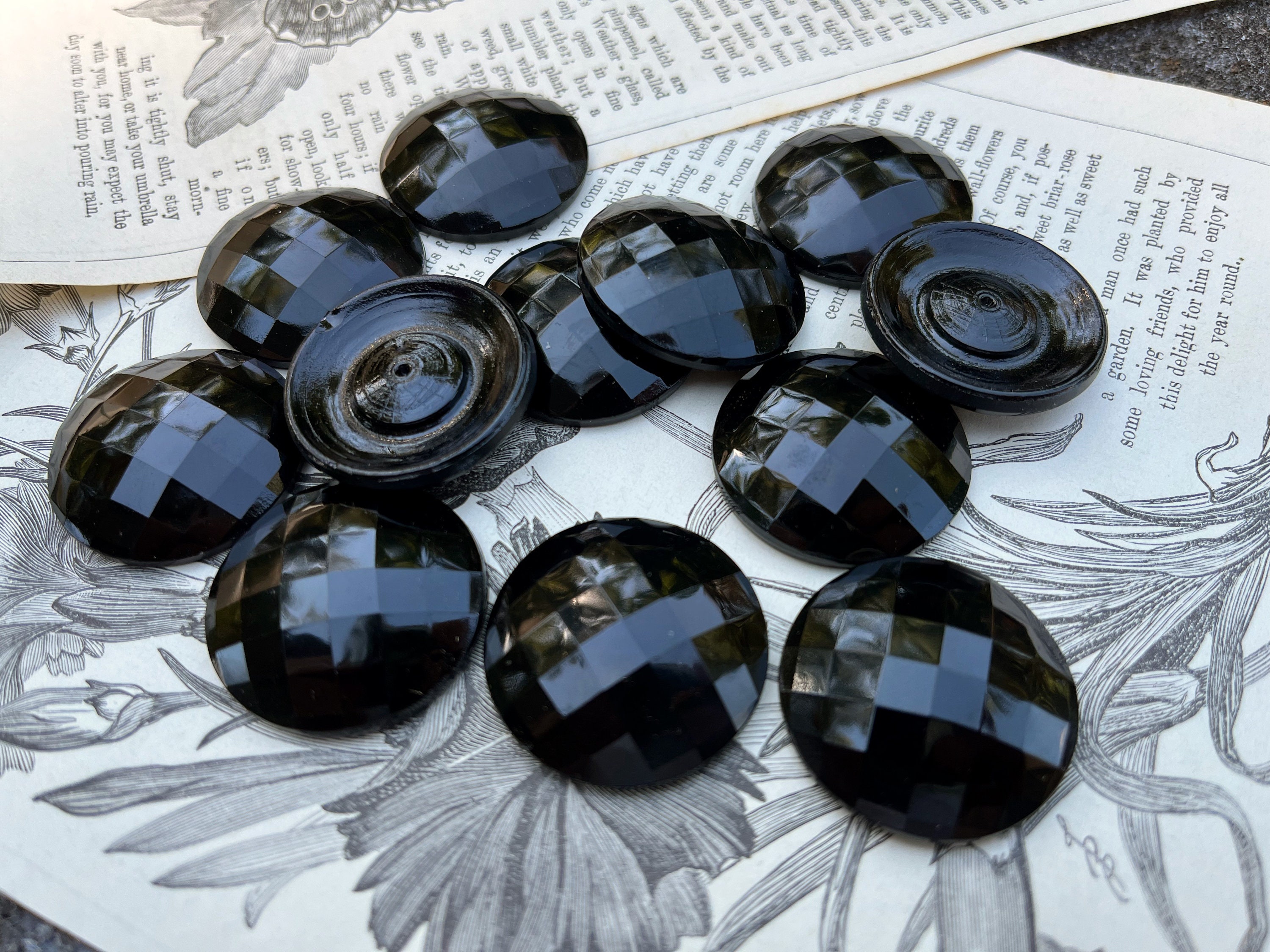 12 Vintage Lg. Black Glass Faceted Cabochons Round Dome West