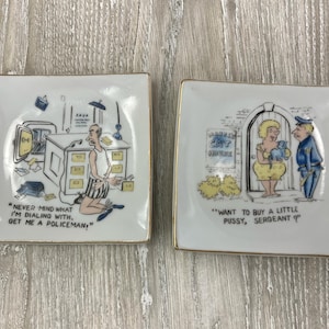 2 Vintage Risqué Adult Comic Humor Ceramic Small Square Dish Trays Made in Japan 1960s Retro Naughty Kitsch Novelty Gag Gift Artmark Set Lot