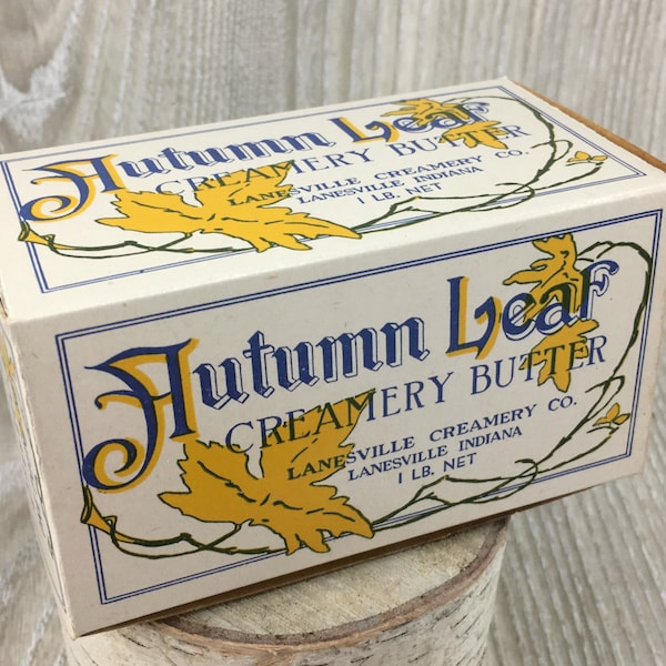 1930s Vintage Butter Box Blue Yellow Maple Leaf Leaves One Pound Advertising Packaging Old Antique Country Primitive Farmhouse Kitchen Prop