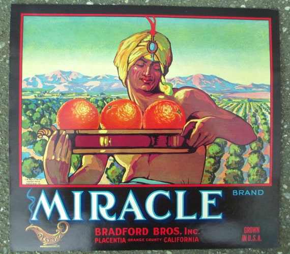 PLACENTIA ORANGE COUNTY CRATE LABEL MIRACLE GENIE DJINNI ART DECO GENUINE 1930S