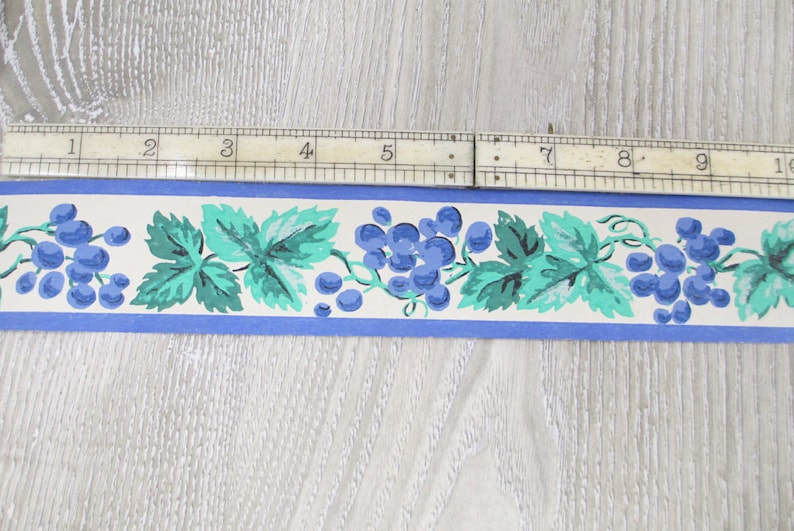 Vintage Blue Grape Leaf Wallpaper Border Narrow Old Wall Paper Grapes Leaves Edging Scrapbook Collage Craft Trimz Cottage Country Green Vine