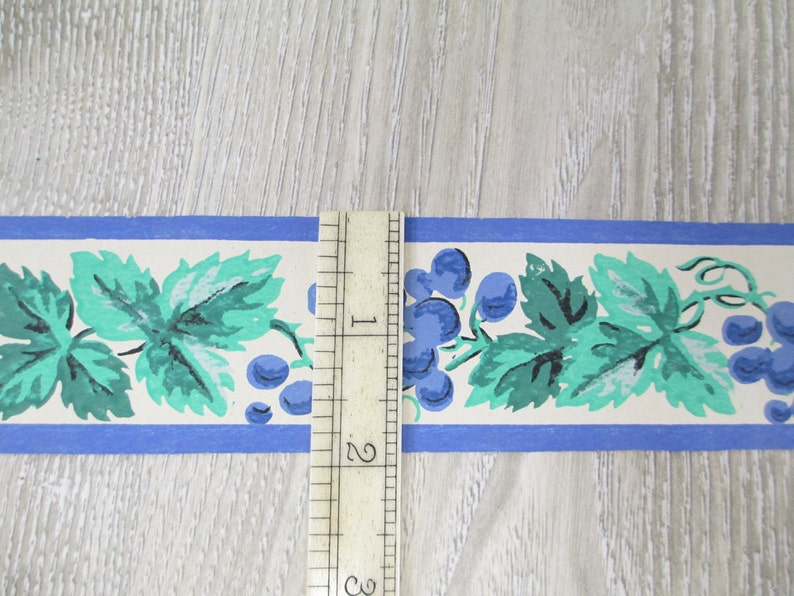 Vintage Blue Grape Leaf Wallpaper Border Narrow Old Wall Paper Grapes Leaves Edging Scrapbook Collage Craft Trimz Cottage Country Green Vine