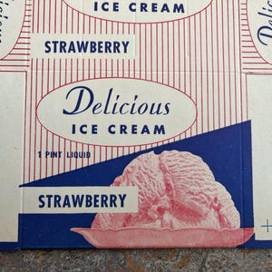 3  Vintage 1950s Strawberry Ice Cream Pint Boxes Carton Retro Pink Blue Diner Restaurant Kitchen Prop Delicious Advertising Lot Set Unused