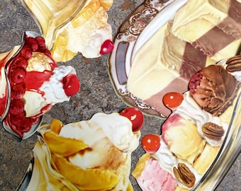 5 Vintage 1950s Diner Signs Ice Cream Sundae Dish Dessert Lot Paper Die Cut Restaurant Retro Set Retro Banana Split Pink Cherry Whip Cream