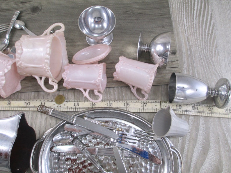 SALE Vintage Plastic Doll Dishes Lot Silver Pink Cream House Retro Dolls Dishes Fancy 1950s 1960s Child Toy Play Toys Spoon Tea Coffee Set