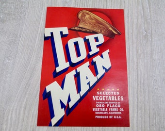 SALE Very Rare 1940s Top Man Label Vintage Printers Sample Military WWII General Men Vegetable Crate Advertising 40s Art Deco 1948 Hat Army