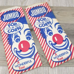 2 Vintage Popcorn Bags Circus Jumbo Clown 1950s Bag Lot Set Illustrated Retro Circus Red White and Blue Patriotic Striped Wonderful Treat