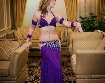 Deep Purple Sparkle Belly Dance Costume: Silver Beaded Bra and Skirt Set