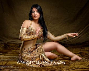 Handmade Golden Belly Dance Costume: Egyptian Tribal Outfit with Chiffon Veil