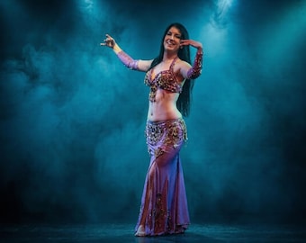 Handmade Egyptian Belly Dance Costume: Pink Sequin Dress With