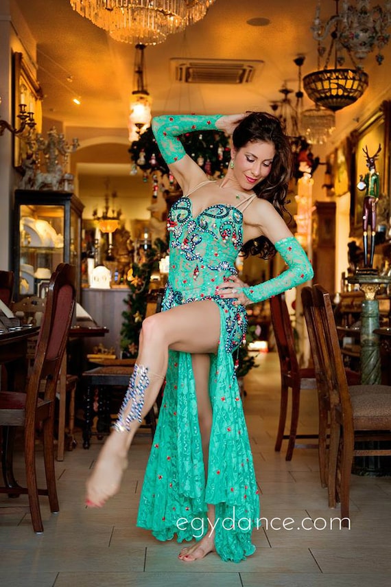 Green Belly Dance Costume Sexy Turquoise Lace Egyptian Dancing