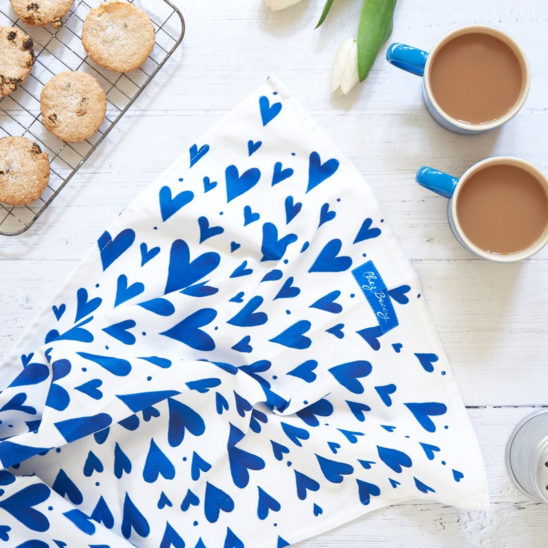 Blue Hearts Tea Towel Kitchen Towel Dish Towel New Home Gift Housewarming Gift image 1