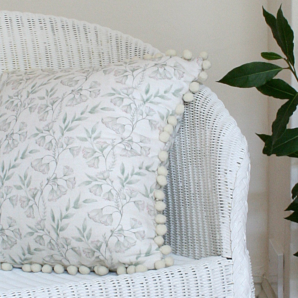 Sage Green Damask Linen Union Cushion with Cream Pom Pom Trim Etsy