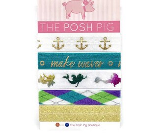 Mermaid Hair Ties, Elastic Hair Ties, Anchor Hair Ties, Ponytail Holders, Beach Hair Ties, Preppy Hair Ties, Nautical, Mermaid Gifts