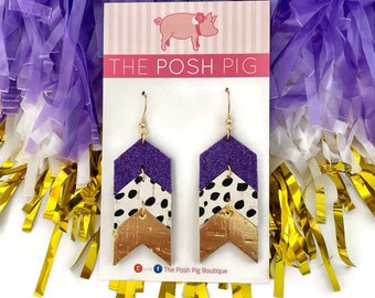 Purple and Gold Earrings | Game Day Earrings | Catamount Earrings | Modern Leather Earrings | Western Carolina Earrings | Leather Earrings