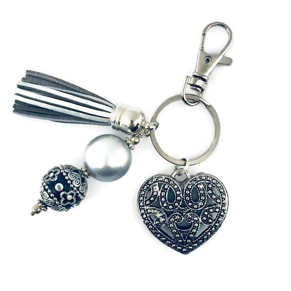 Art Deco Heart Key Chain, Marcasite Style, Heart Key Chain, Vintage Heart, Art Nouveau, Hollywood Regency, Planner Charm, Purse Charm