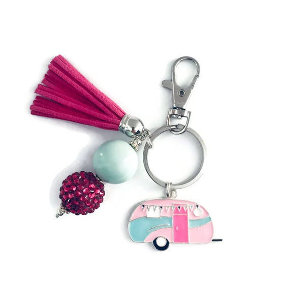 Camper Key Chain, Retro Camper Key Chain, Pink and Green, Camping Key Chain, Camper Gifts, RV Gifts, Vintage Camper, Camping Gifts, Caravan