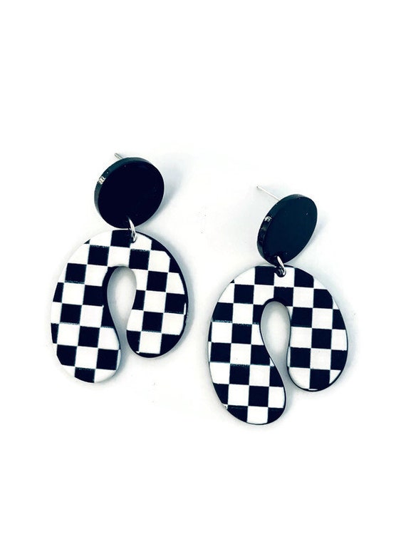 Checkerboard Earrings Black and White Earrings Checkered Flag