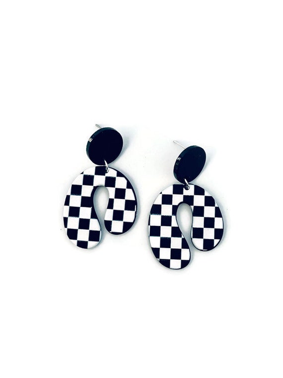 Checkerboard Earrings Black and White Earrings Checkered Flag