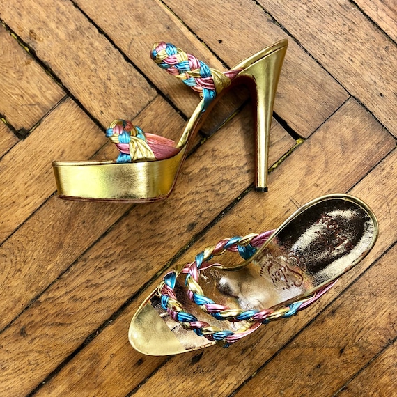 1970s Adige gold, pink & blue metallic leather pl… - image 1