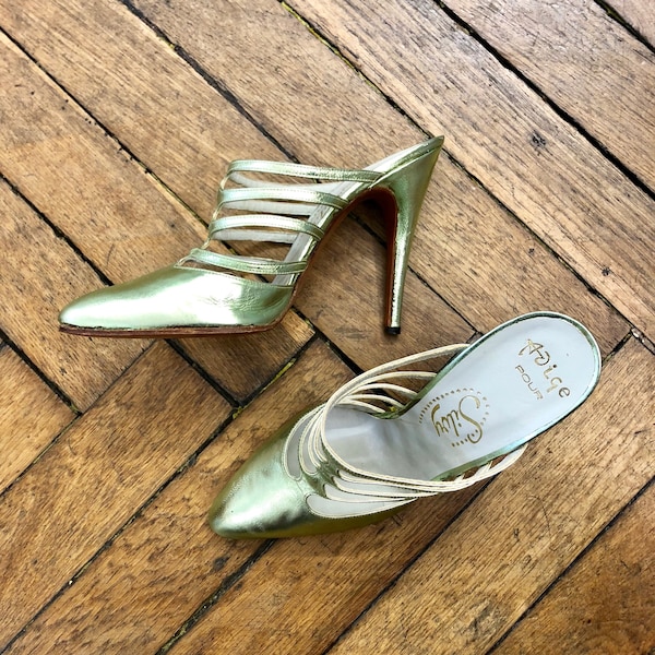 1980s Adige metallic pale green high heels slim straps pointy pumps / 36