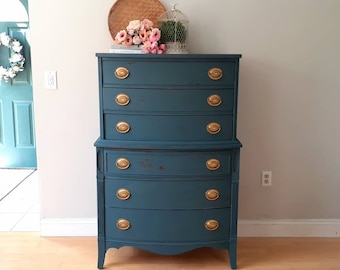 SOLD**Vintage Distressed Dresser, Blue Tall Dresser, Chippy Blue Dresser