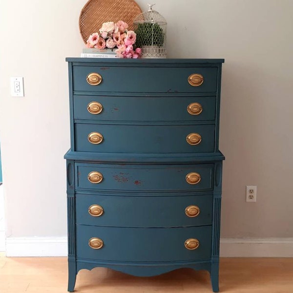 SOLD**Vintage Distressed Dresser, Blue Tall Dresser, Chippy Blue Dresser