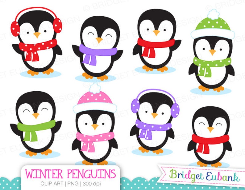 May include: Set of ten cartoon penguin illustrations with winter accessories. The penguins are wearing scarves, hats, and earmuffs in various colors. The penguins are all smiling and have black bodies, white bellies, and orange beaks.