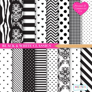 Black and White Digital Paper | Black Chevron | Zebra Print Digital Paper | Black Stripes | Black and White Polka Dots | INSTANT DOWNLOAD