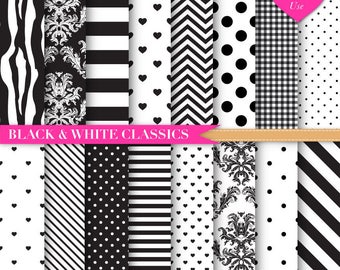 Black and White Digital Paper | Black Chevron | Zebra Print Digital Paper | Black Stripes | Black and White Polka Dots | INSTANT DOWNLOAD