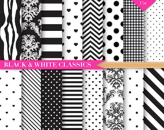 Black and White Digital Paper | Black Chevron | Zebra Print Digital Paper | Black Stripes | Black and White Polka Dots | INSTANT DOWNLOAD