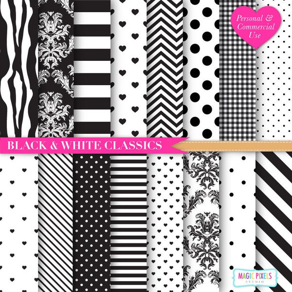Black and White Digital Paper | Black Chevron | Zebra Print Digital Paper | Black Stripes | Black and White Polka Dots | INSTANT DOWNLOAD