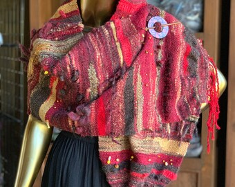 Multi Color Red Gold Black Kid Mohair Merino Ribbons Saori Shawl Wrap in Art Yarn