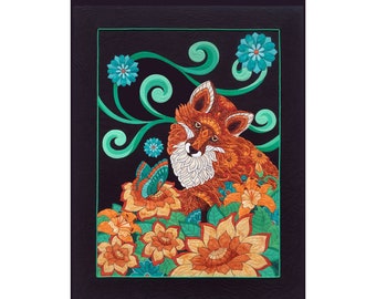 Blank Card, Art quilt with Fox(CA032) / FREE SHIPPING