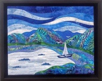 Boat Art Quilt: Framed Textile Seascape (13.5" x 16.5")