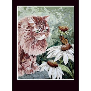 Carte d'Art Textile avec chat (CA014) / LIVRAISON GRATUITE