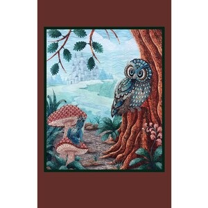 Carte d'Art Textile avec Hibou (CA026) / LIVRAISON GRATUITE