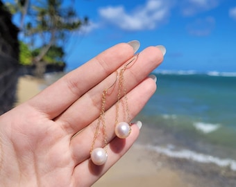 Simple Freshwater Pearl Chain Drop Earrings, Kulu Momi Simple Drop Pearls, Mermaid Jewelry, Beachy, Handmade in Hawaii, Gifts for Her